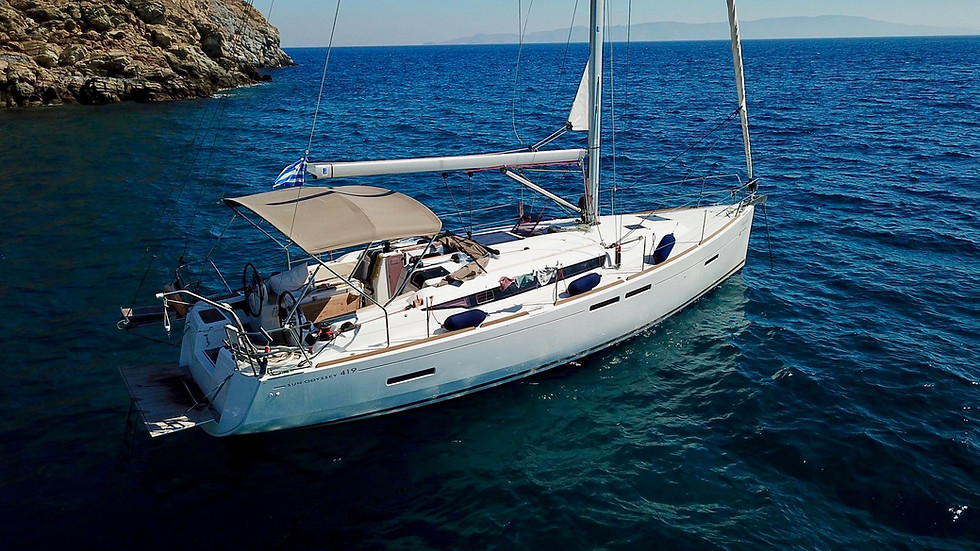 Sun Odyssey 419 monohull bareboat yacht charter sailing in Greece side view