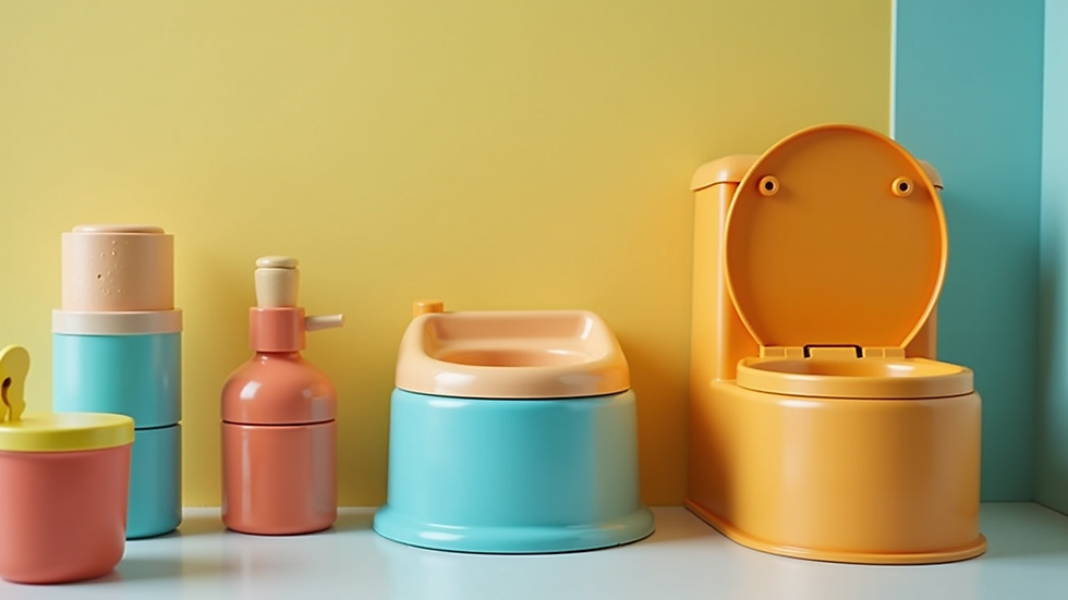 High angle view of a toddler’s colorful potty training set arranged neatly