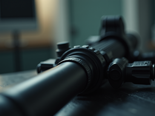 Portrait image of a rifle with the background blurred.