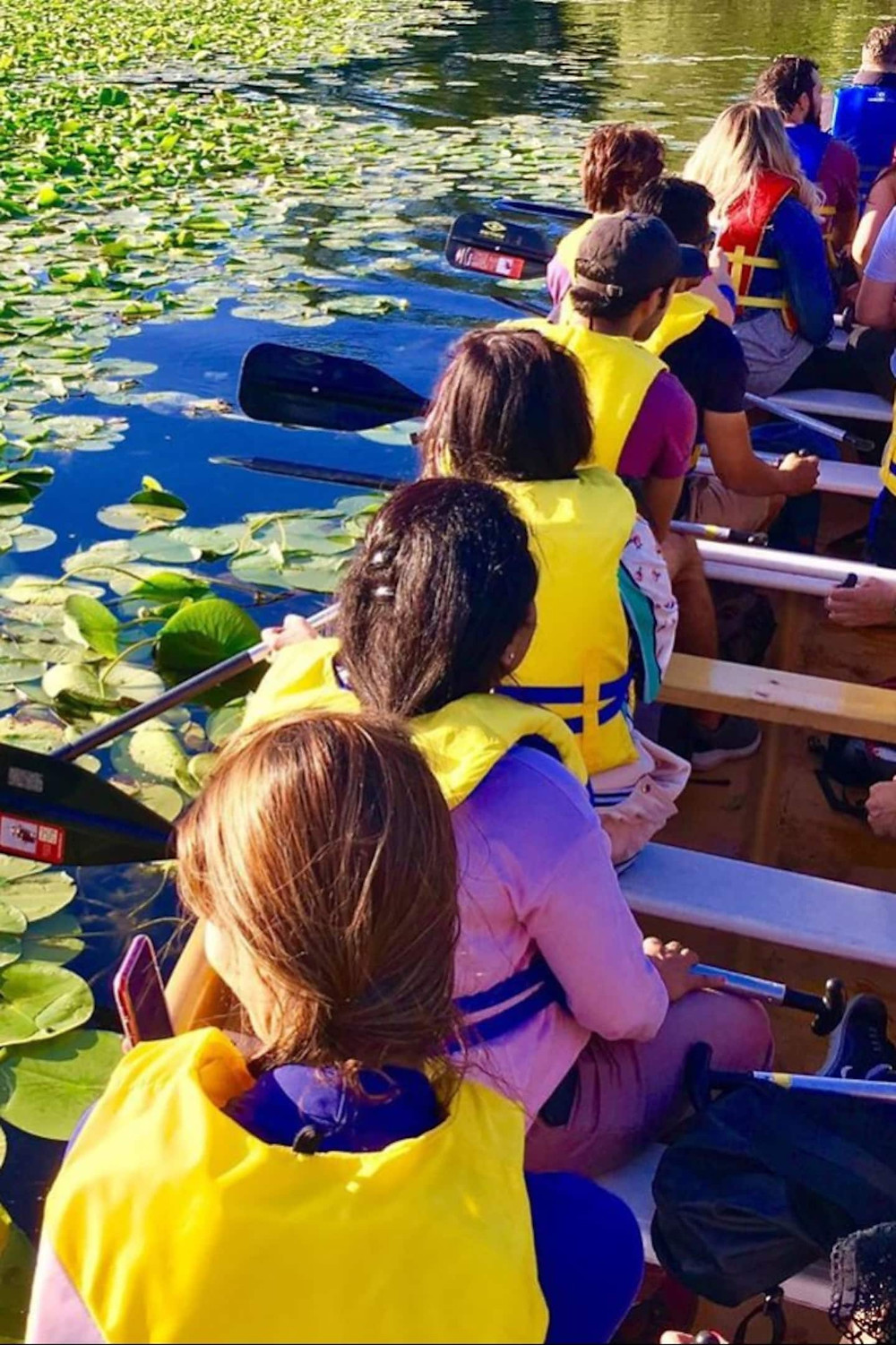 A group of people canoeing on a summer day.