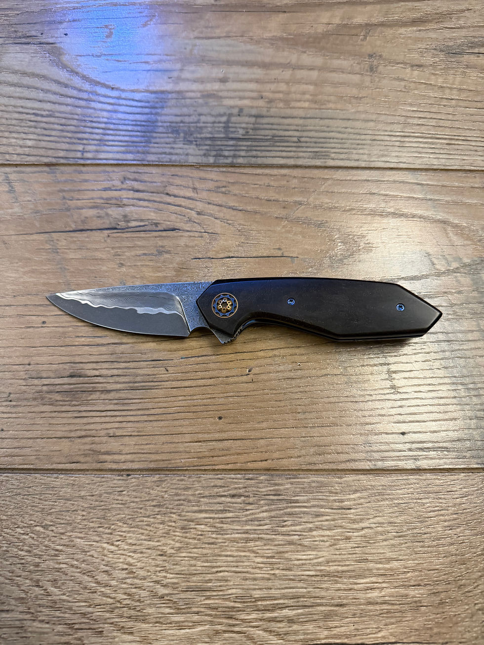 Thumbnail: Larevo Knives Custom Gryphon Copper Coral Fc Dion Damascus San Mai Pocket Knife 