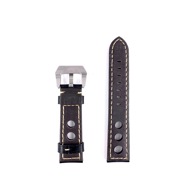 Thumbnail: 22mm Black with Beige line Leather Watch Strap