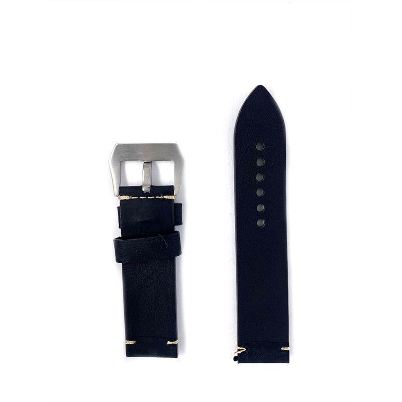 Thumbnail: 24mm Black with Beige line Leather Watch Strap