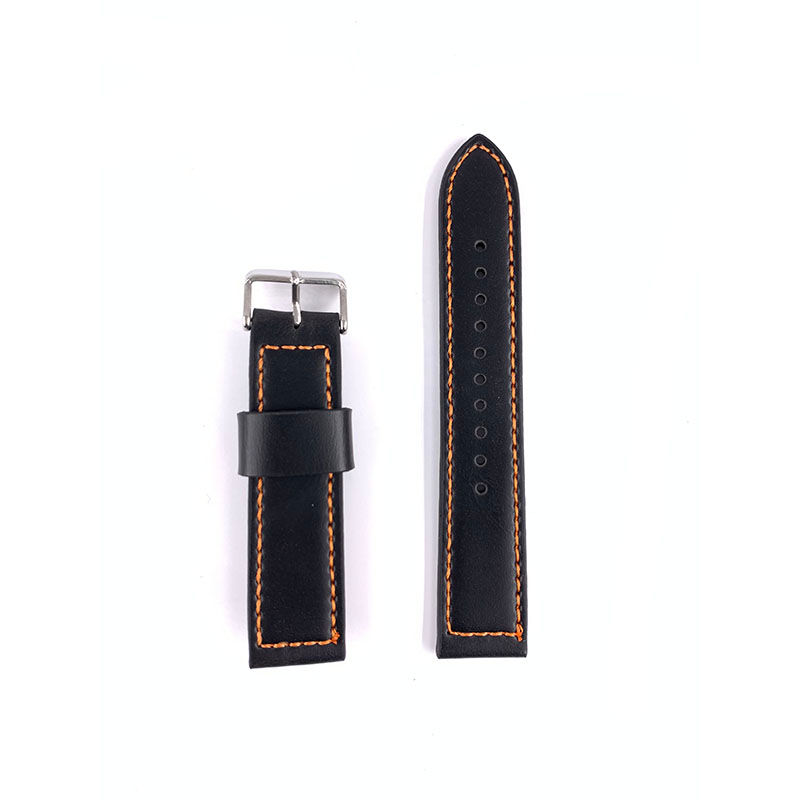 22mm Black with Orange line Leather Watch Strap