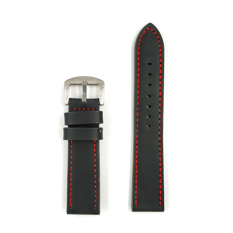 22mm Black with Red line Leather Watch Strap