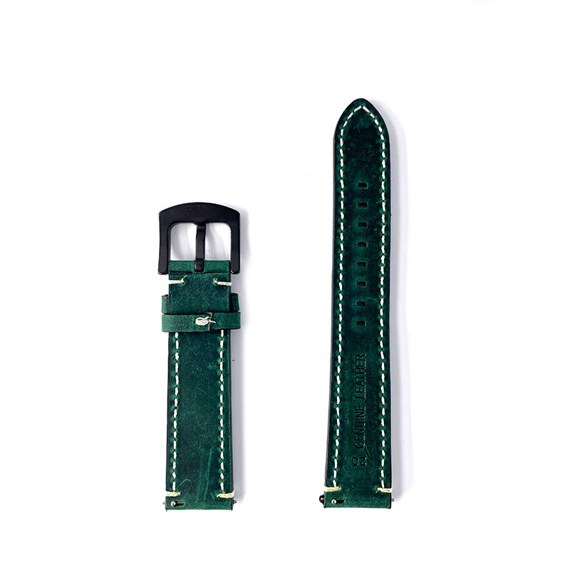 Thumbnail: 20mm Green with White line Leather Watch Strap