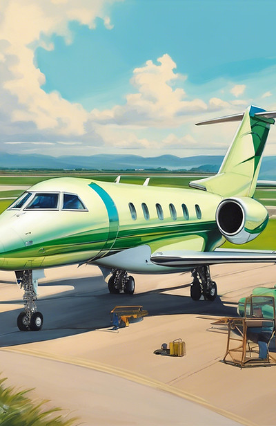 Maintenance of a private jet in a landscape of a modern airport real life style oil color