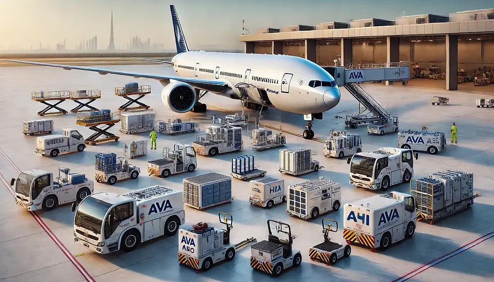 An aircraft in the airport with a full set of MRO and AGSE equipment