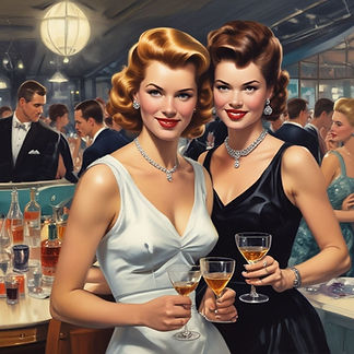 two young women in cocktail dresses at a cocktail party holding glasses