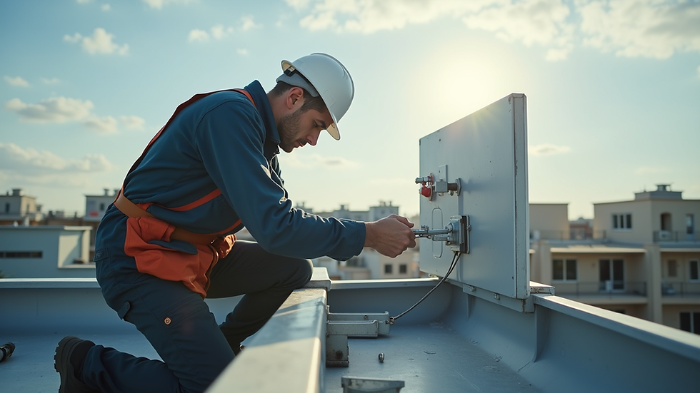 Close-up view of a technician repairing a TV antenna on a rooftop