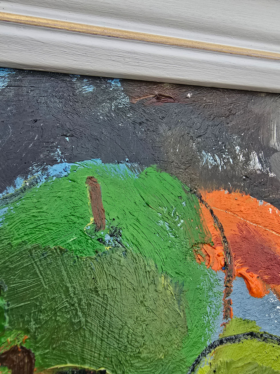 Thumbnail: Textured painting with green, orange, and blue brushstrokes