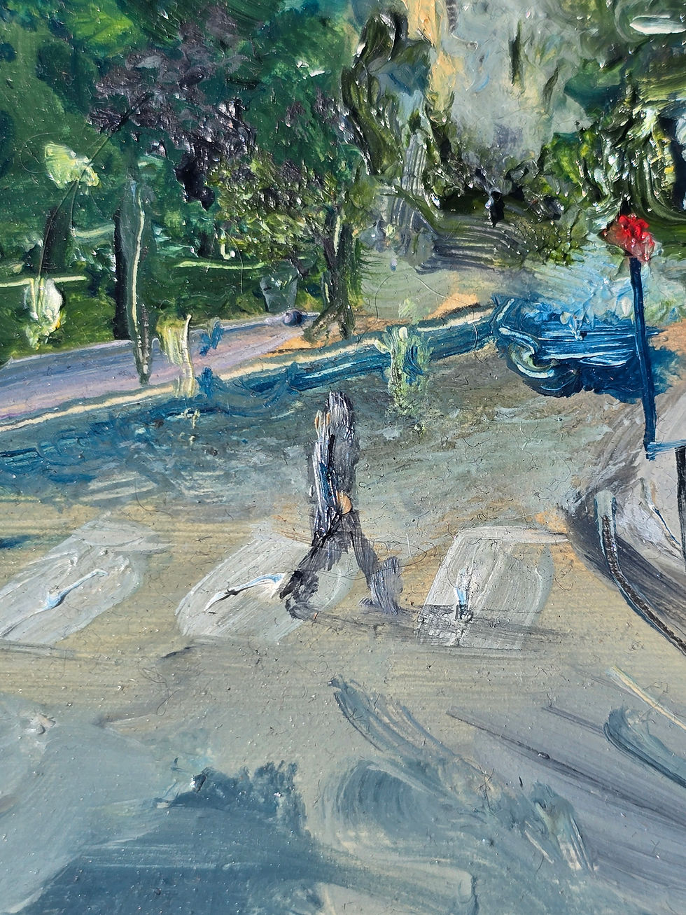 Thumbnail: Painting by Susan Kirkman of a person crossing a street