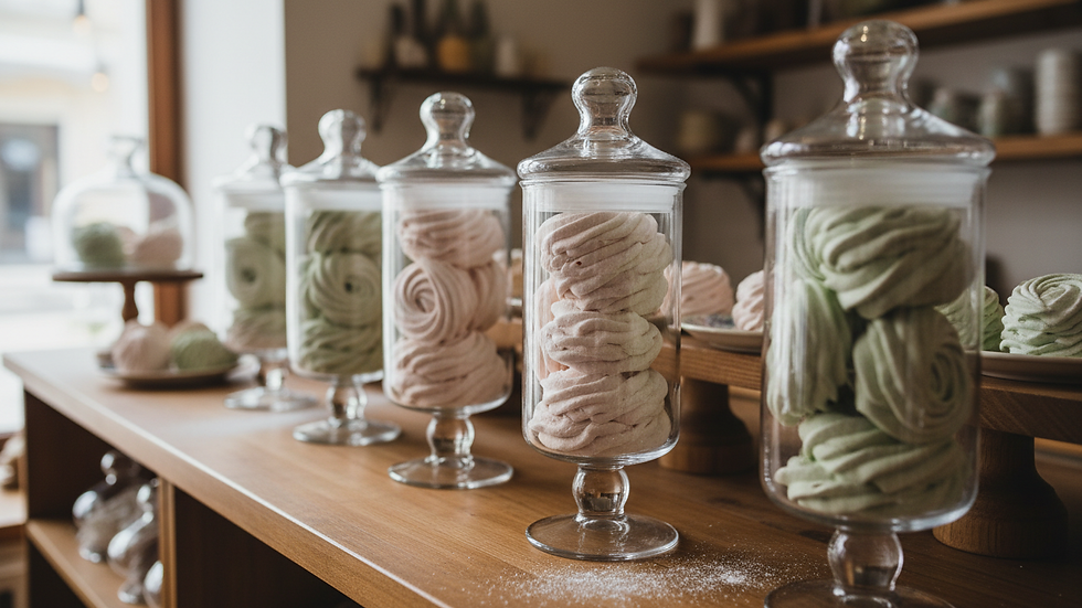 Eye-level view of a boutique sweet shop display featuring zefir marshmallow sweets in glass jars