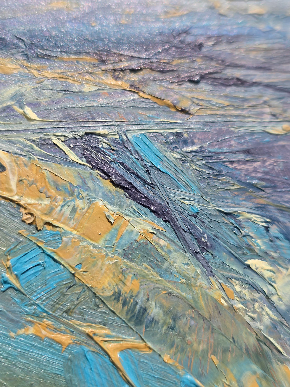 Thumbnail: Charlotte Kantharia painting detail with thick blue and tan brushstrokes