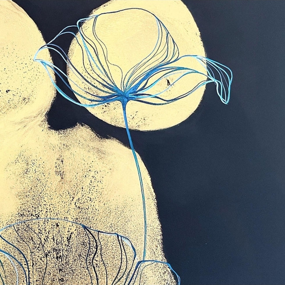 Thumbnail: Carolyn Bates "Incoming Tide": abstract blue flower on textured light shapes