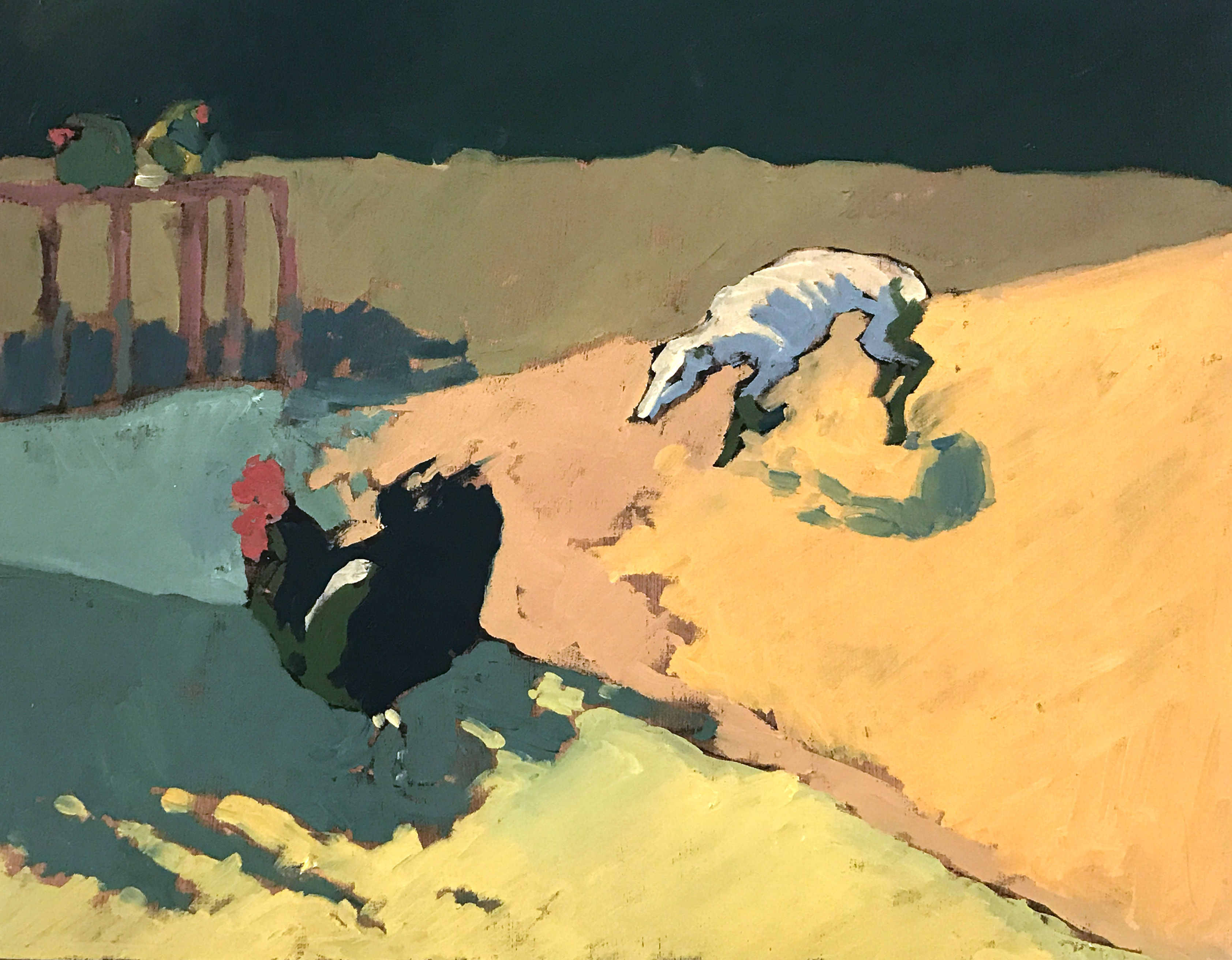 Susan Kirkman: The Light House II, black chicken, white dog