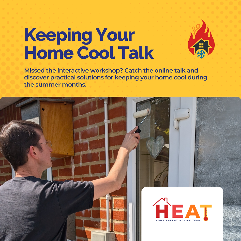 Poster with text Keeping Your Home Cool Talk and HEAT logo; man paints a white window frame outside a brick house in bright sun.