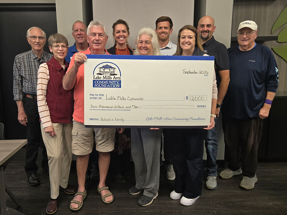 Pictured (left to right): LMACF representatives Wayne Magnussen, Pam Lazaris, Jim Colegrove, and Rick Mason, alongside Lake Mills Optimist Club board members Nicki Kelly, Jane Riedl, Jens Housley, Amy Winkelman, Aaron Kuhl, and Dave Wendt.