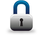 Silver padlock with a blue shackle on a black background