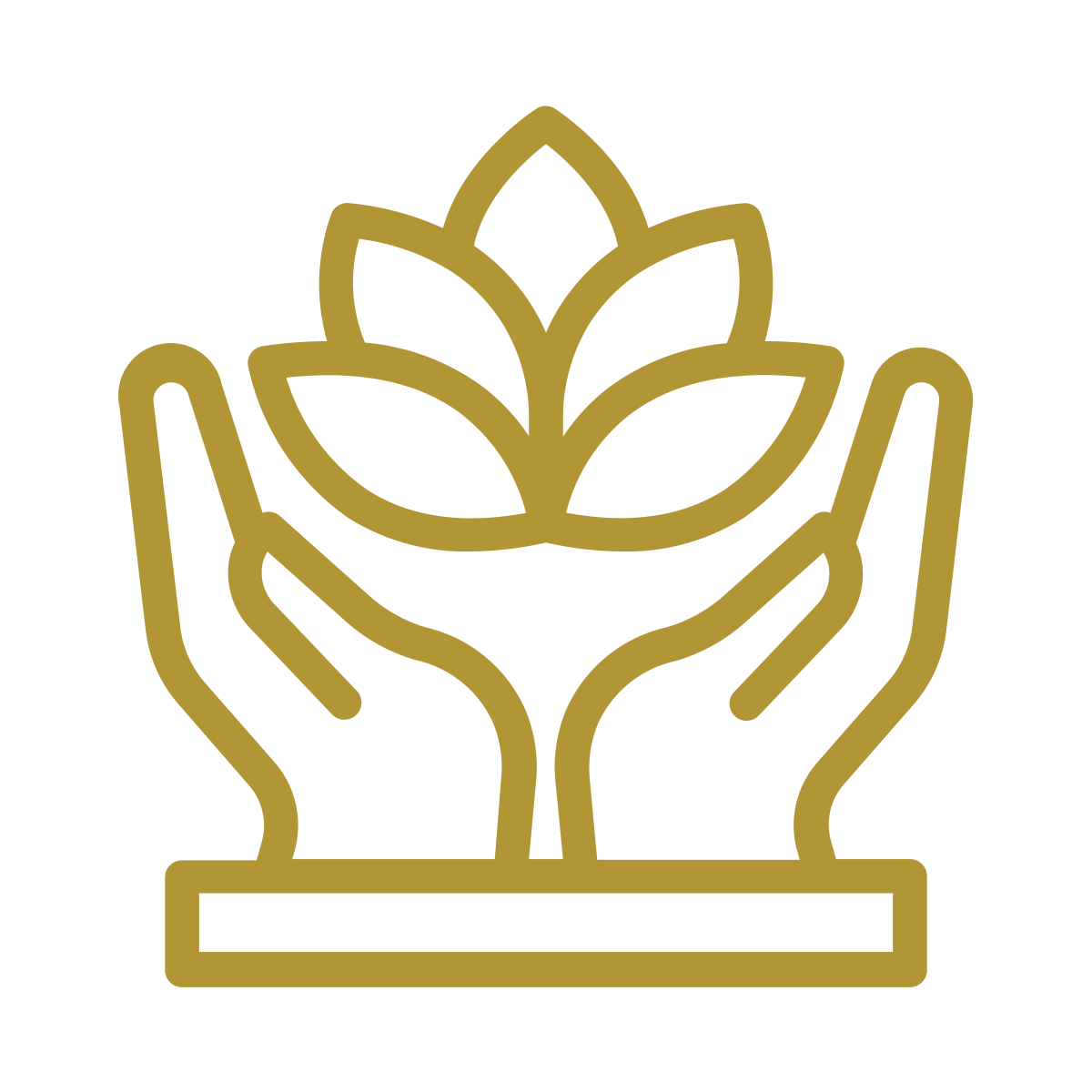 Gold lotus flower icon cradled by two hands on black background