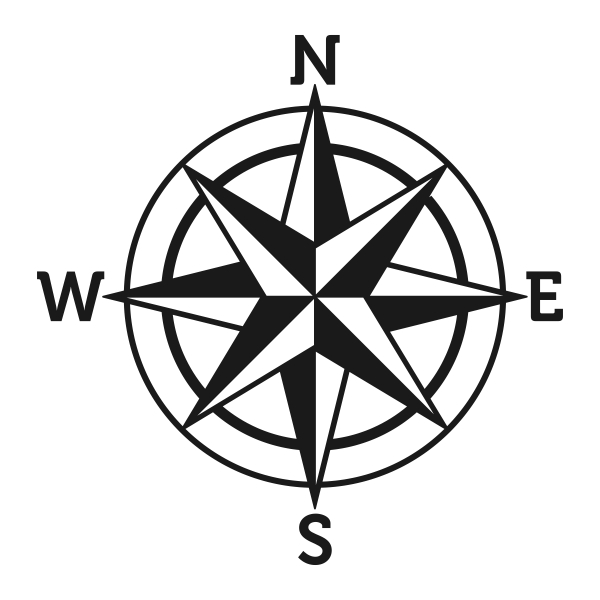 Compass rose showing North, South, East, and West.