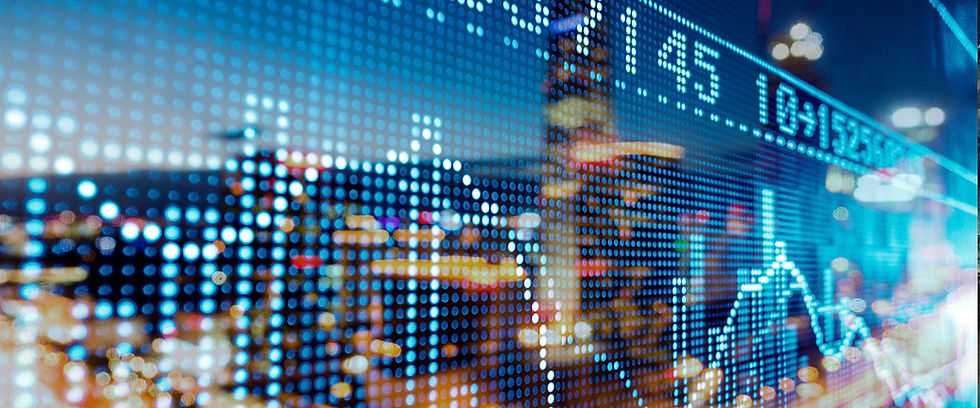 Digital stock market ticker and data charts over city skyline