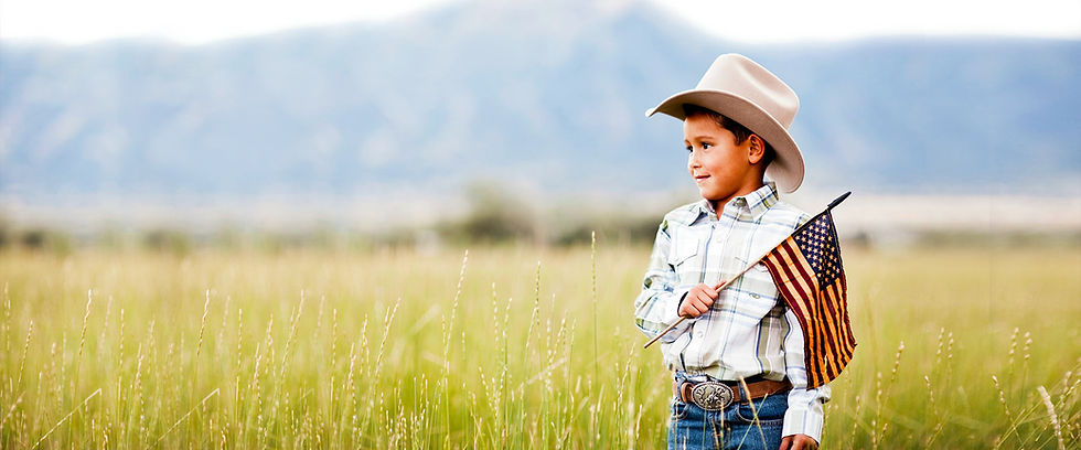 Young boy in a cowboy hat holding an American flag in a field.