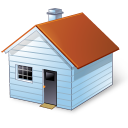 Small white cottage with an orange roof and chimney.