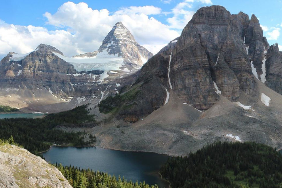 Snow-capped mountain peaks reflecting in a calm lake.
