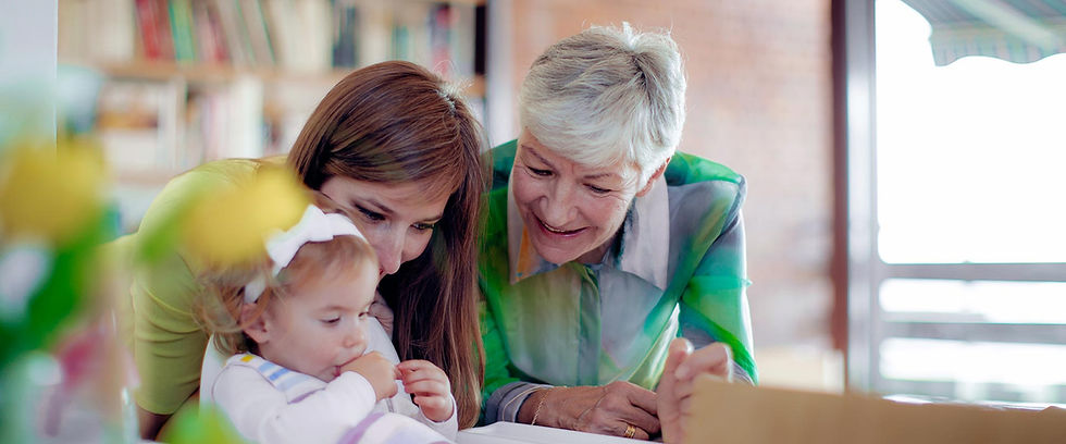 Three generations of women smiling together indoors
