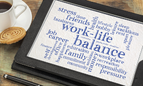 Work-life balance word cloud on a tablet