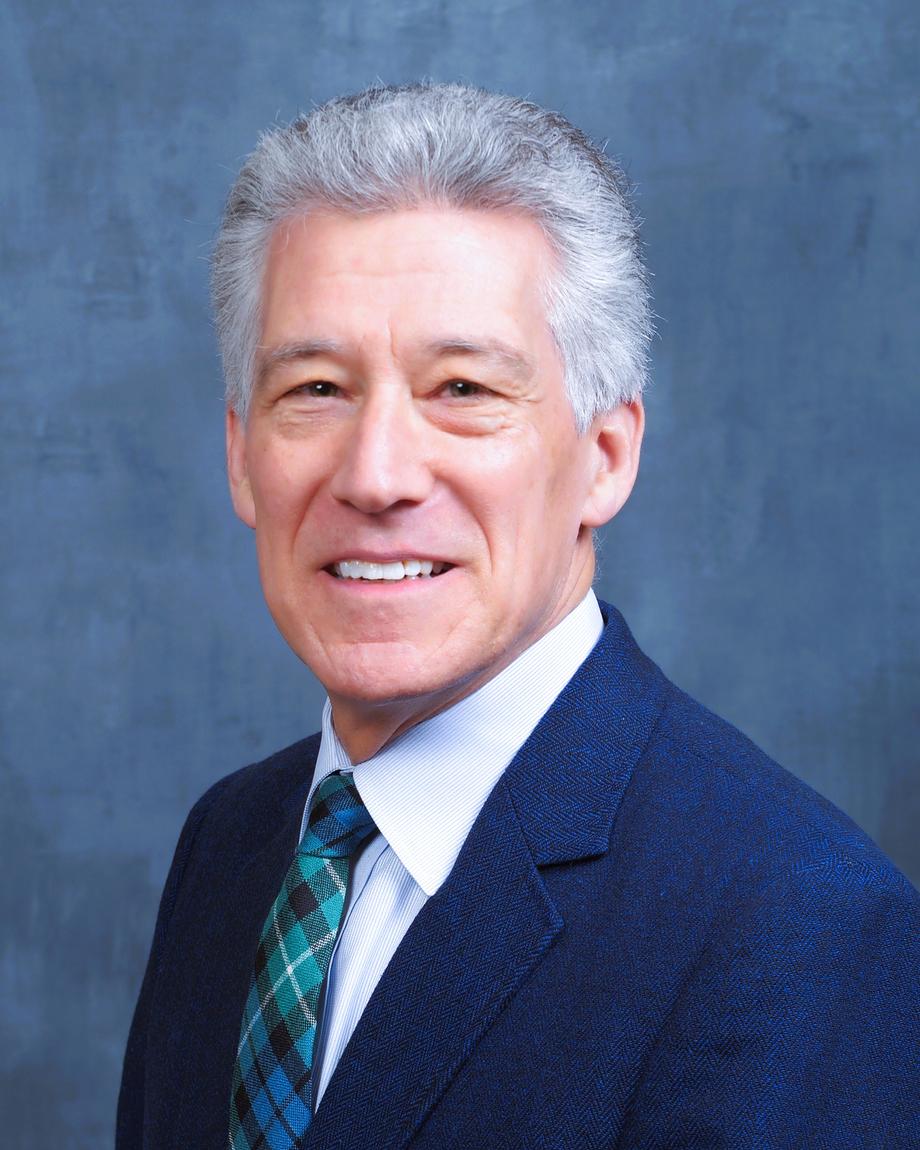 Professional profile of man in blue suit and green tie