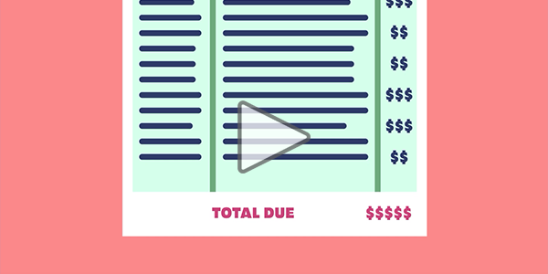 Illustrated insurance bill with play button and total due