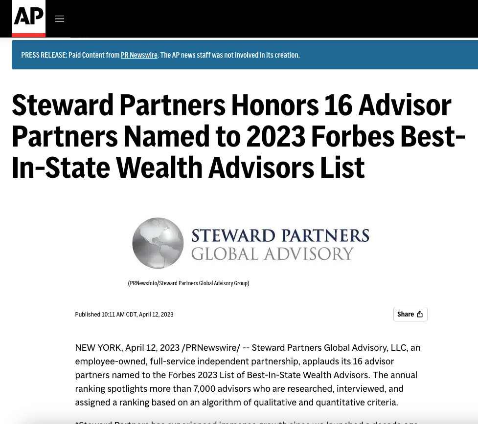 screenshot of John Ferguson and 16 other Steward Partners Advisor Partners named to Forbes Best-In-State Wealth Advisors List article