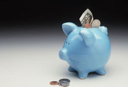 Blue piggy bank with cash and coins for insurance savings