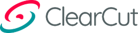 ClearCut logo with a red and teal orbital icon