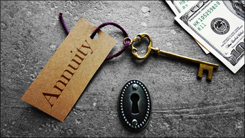 Gold key with annuity tag next to a keyhole and cash.