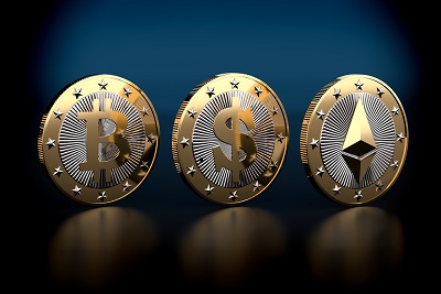 Bitcoin, Dollar, and Ethereum crypto currency coins