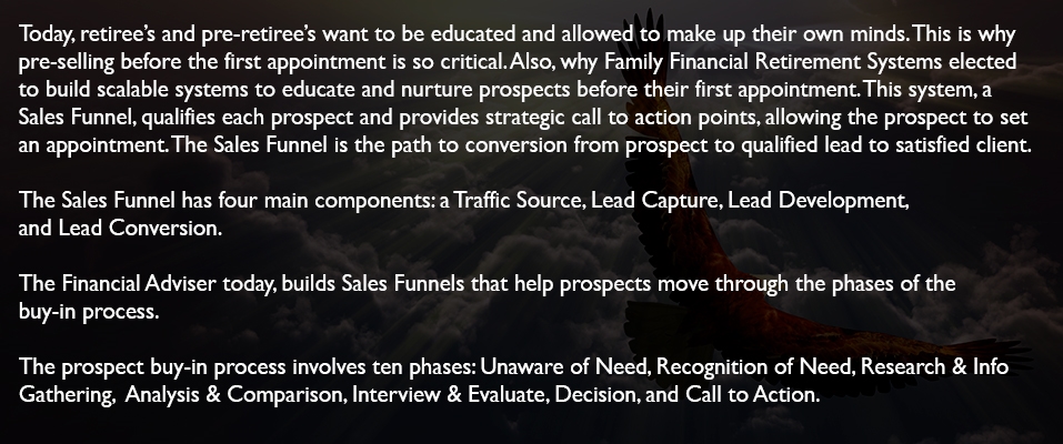 Sales funnel process for financial advisors and retirees.