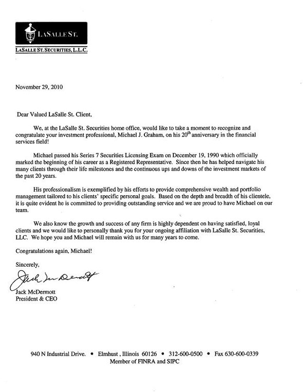 LSS President and CEO letter recognizing Michael T. Graham.