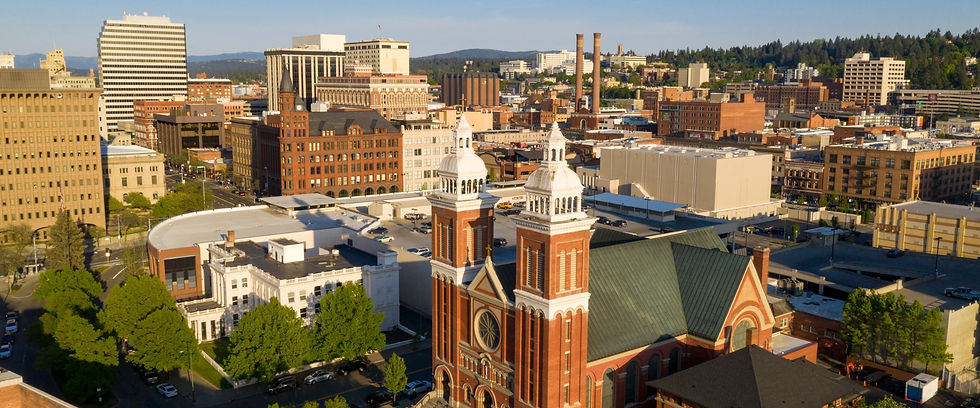 Aerial view of downtown Spokane with Saint John's Cathedral