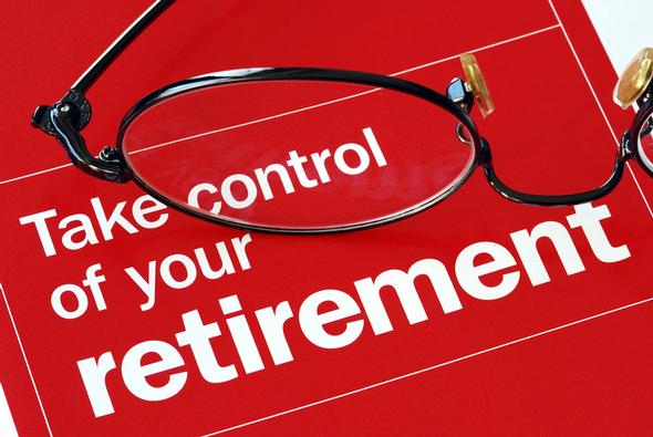 Glasses on a red background with text Take control of your retirement