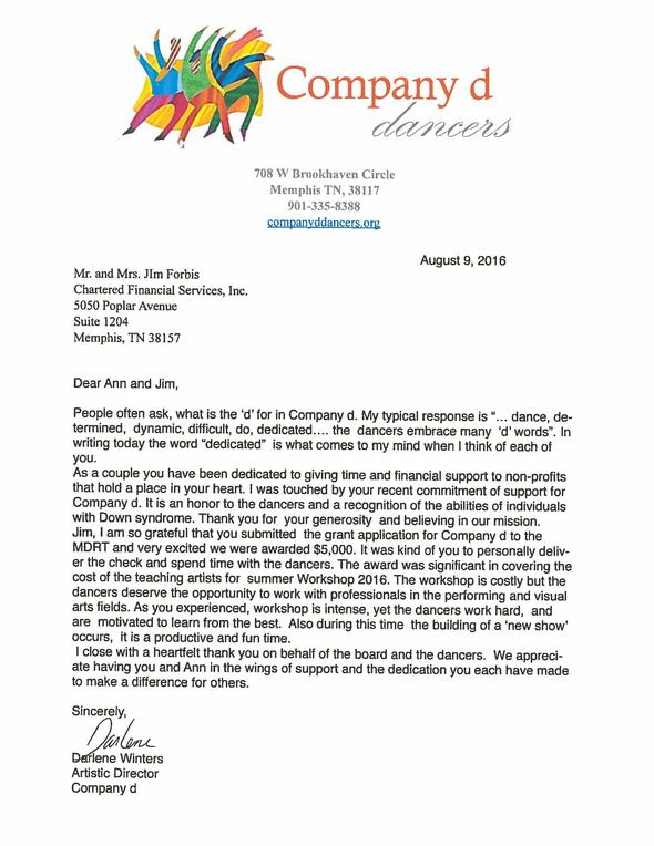 Letter from Company d dancetheatre to Mr. and Mrs. Eric Edidin