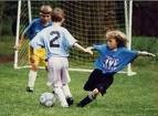 Children playing soccer on a grassy field near a goal.