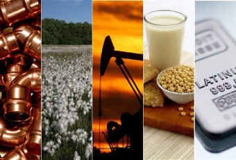 Collage of commodities: copper, cotton, oil, grain, and platinum.