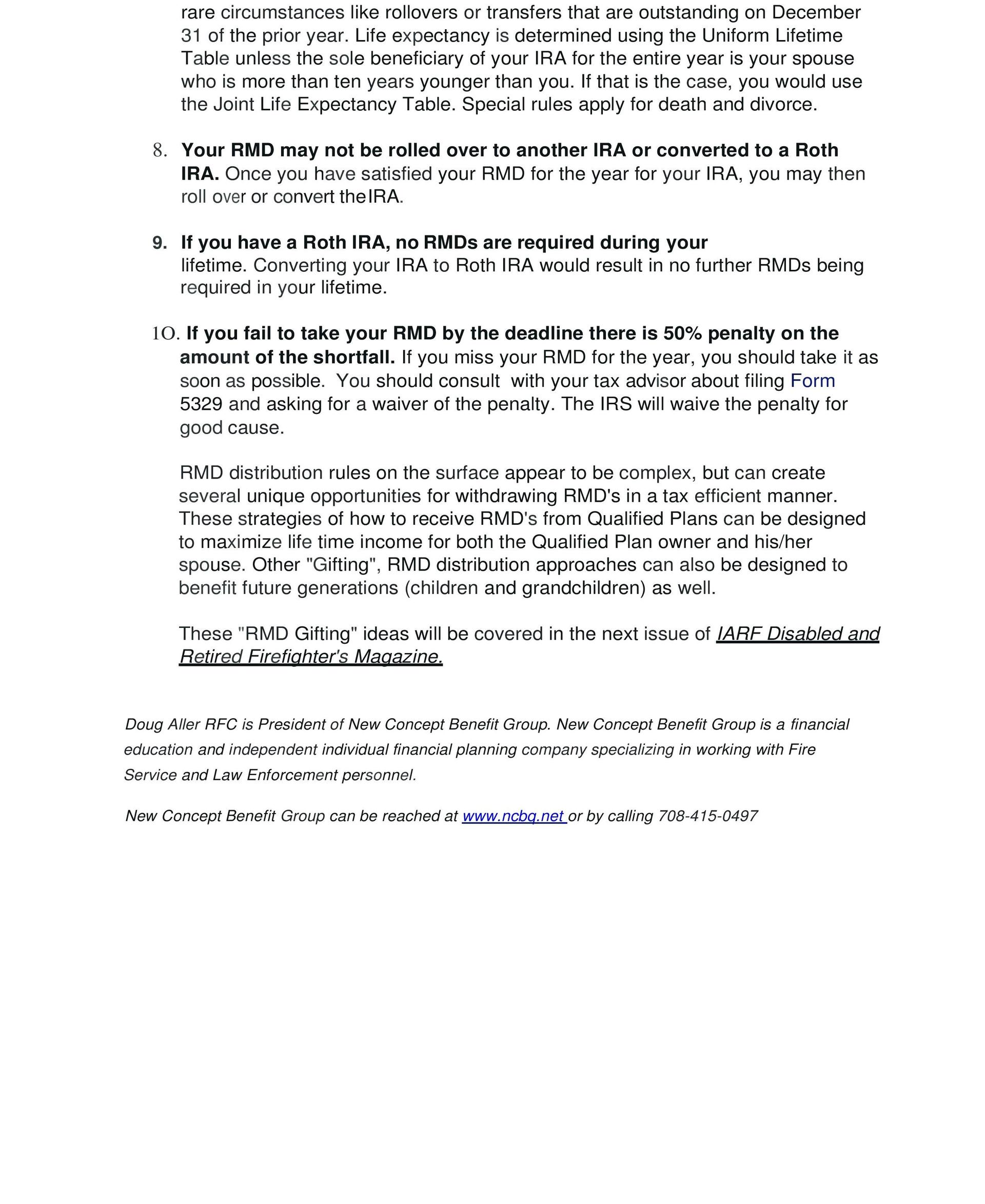 Document outlining RMD rules, penalties, and IRA strategies.