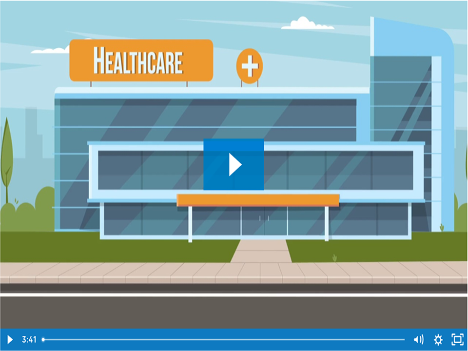 Healthcare building illustration with video play icon