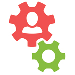 Icon of a person inside a gear connected to another gear