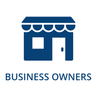 Blue storefront icon with Business Owners text
