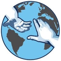 Two hands reaching over a blue globe with continents